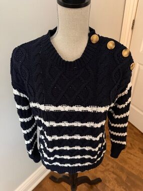 NWOT Striped Navy and White Cable Knit Sweater with Button Shoulder Detail